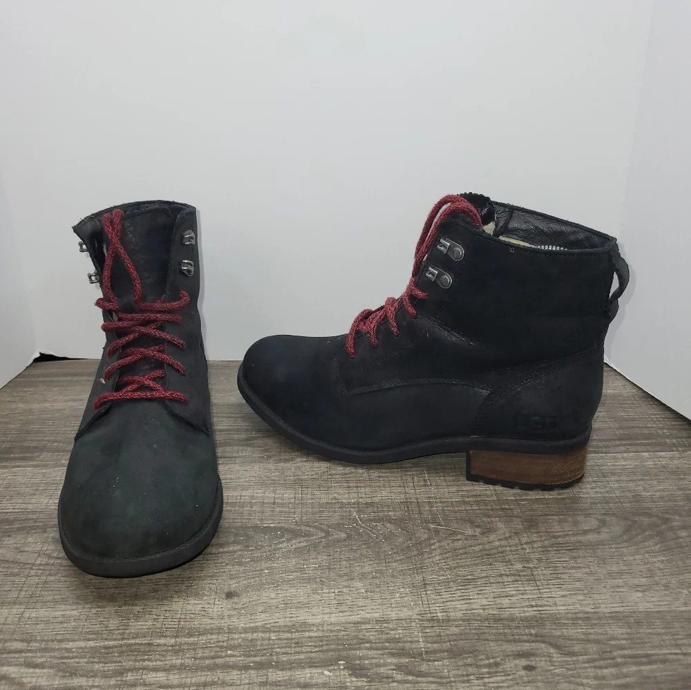 Women’s Black Suede Lace-Up Ankle Boots with Red Laces